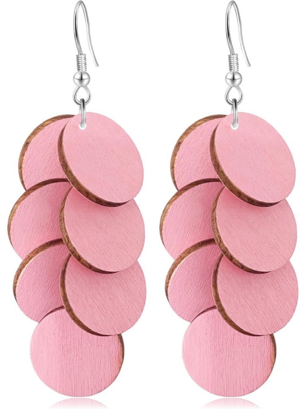 Women's Light Pink Handmade Bohemian Wooden Round Geometry Dangle Drop Earrings
